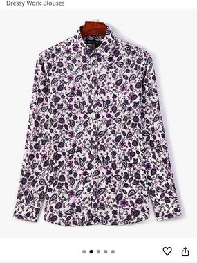 Amazon Women's Button-Down Shirt - White with Purple Floral Paisley
